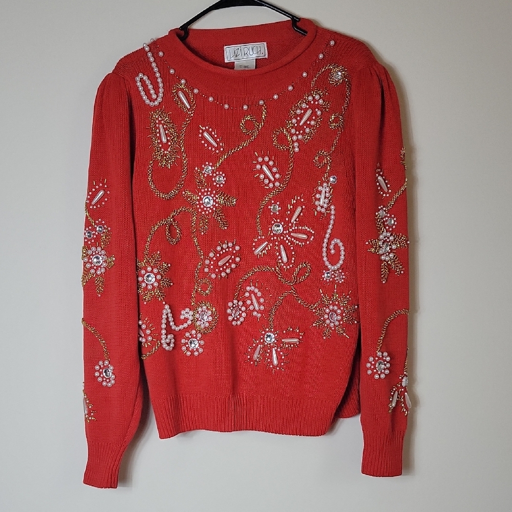 VINTAGE LIZI RUCH Red Embellished Pearls Rhinestone Sweater Size Medium